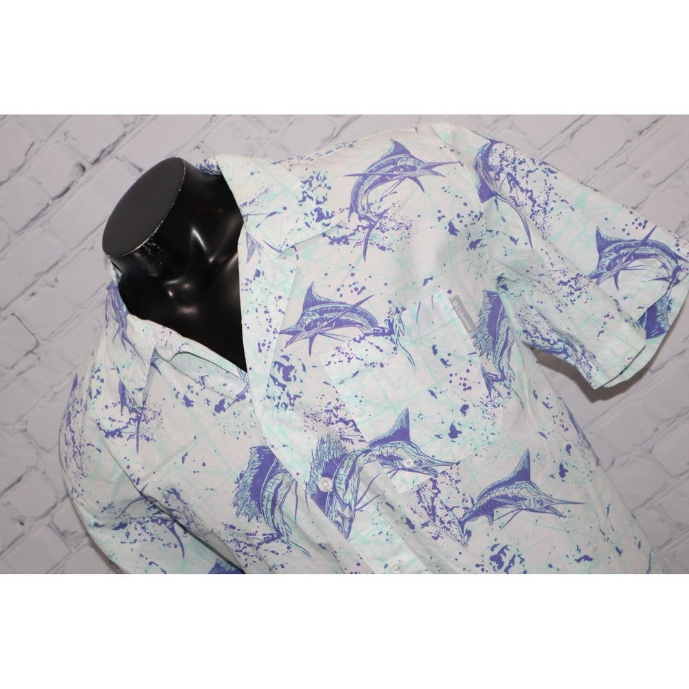 Columbia PFG Mens Large White Blue Marlin Performance Fishing Gear Shirt